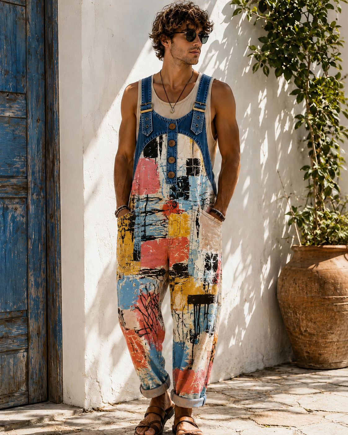 Men's Retro Art Print Casual Sleeveless Denim Patchwork Jumpsuit
